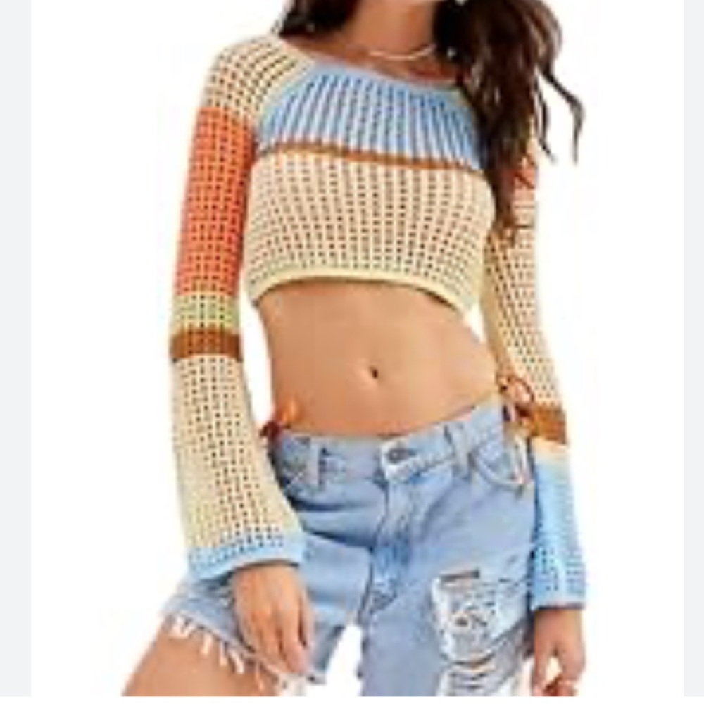 Urban Outfitters Women's Crochet Cropped Bell Sleeve Top Romantic Sexy Boho